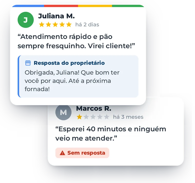 Duas avaliações ilustrativas: uma de 5 estrelas com resposta do proprietário e uma de 1 estrela sem resposta