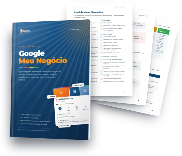 E-book Google Meu Negócio com páginas do checklist, dos modelos de resposta e do plano de 30 dias