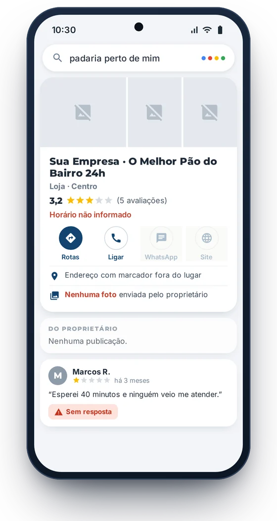 Celular com um perfil abandonado: nome com palavra-chave, sem fotos, sem horário, nota 3,2 e avaliação negativa sem resposta