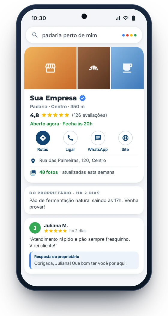 Celular com um perfil completo: nome real, fotos recentes, nota 4,8, aberto agora, botões de rota, ligar e WhatsApp e avaliação respondida